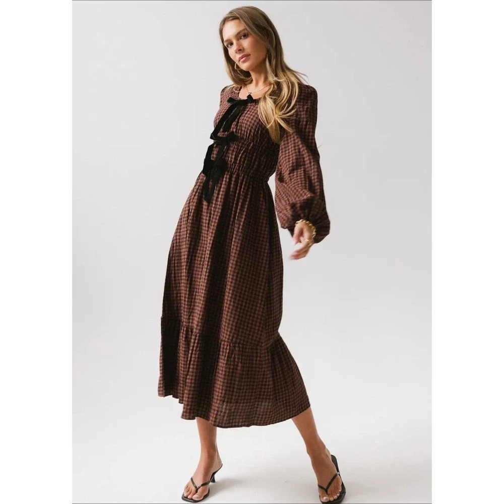 Bohme Gingham Plaid Maxi Dress Size XL Chocolate Brown Velvet Bow Peasant Boho